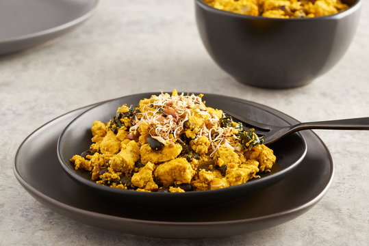 Scrambled Tofu on Black Plate
