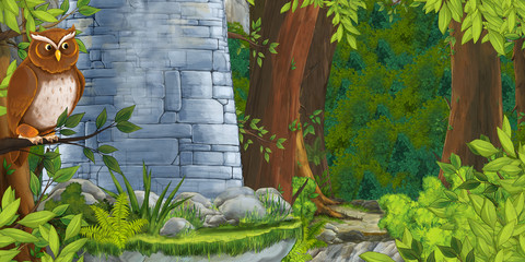 cartoon scene some stone tower in the deep forest with owl sitting and looking - illustration for children