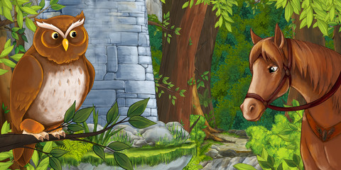 cartoon scene some stone tower in the deep forest with owl sitting and looking - illustration for children