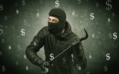 Money hungry thief in black clothes and tolls on his hand.