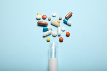 Medical pharmacology addiction. Antidepressant, antibiotic, antioxidant, aspirin pills.