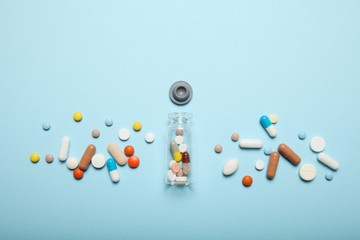 Rx meditation medicine. Bottle and pills. Doctor care.