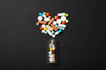 Rx meditation medicine. Bottle and pills. Doctor care.