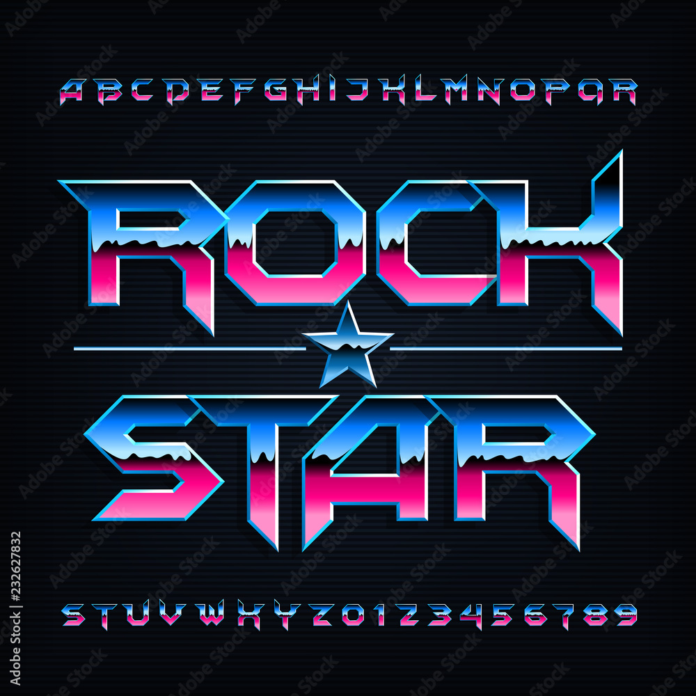 Fototapete rock star alphabet font. metallic beveled letters and numbers. stock vector typescript for your desi