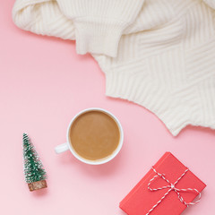 Coffee sweater and red present pink background