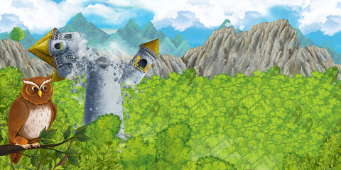 Cartoon scene of collapsing medieval tower - illustration for children