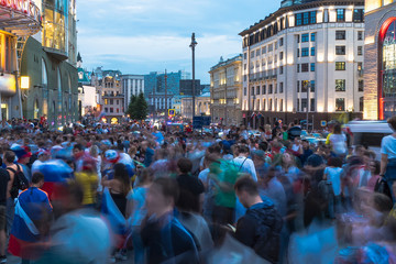 Russian football fans celebrate the victory of their team on the streets of the city