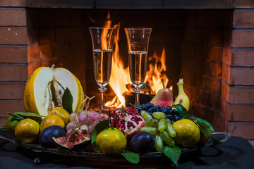 still life with champagne on fire background