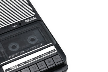 Obraz premium Old-time desktop type cassette recorder on white isolated background