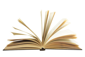 Open book with old yellow pages isolated on white background, side view 