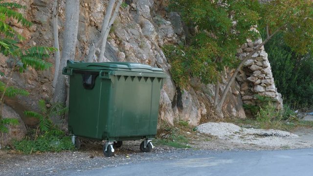 A dark green plastic trash bin on wheels stands next to the road in the mountains.