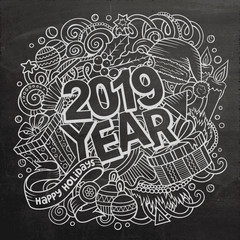 2019 doodles illustration. New Year objects and elements poster design