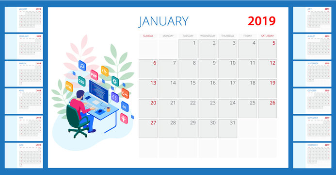 Calendar 2019. Vector Template with Place for Photo. 12 Months. Isometric Developing programming and coding technologies.