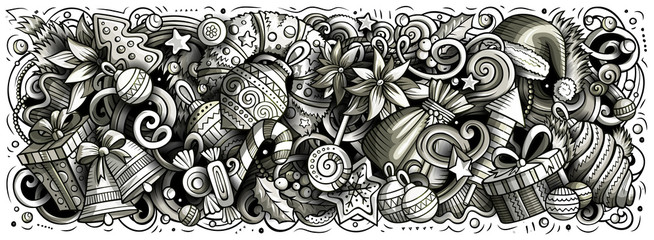 2019 doodles horizontal illustration. New Year objects and elements poster