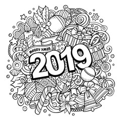 2019 doodles illustration. New Year objects and elements poster design