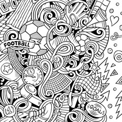 Cartoon vector doodles Soccer frame. Line art, with lots of objects background