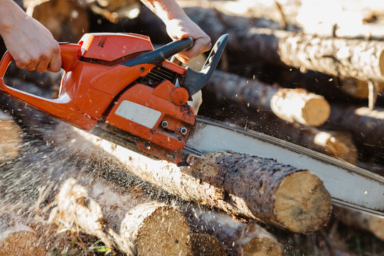 Man cutting firewood with chainsaw.