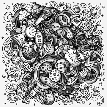 Cartoon vector doodles Space illustration. Toned cosmic funny picture