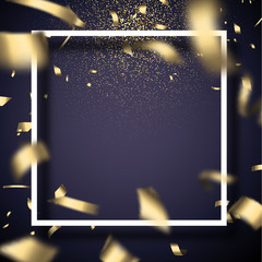 Christmas and New Year card with frame and golden shiny confetti.