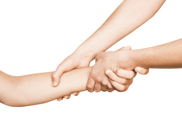 Two hands of a man hold one hand and save a man by dragging his hand. Concept of help on a white background