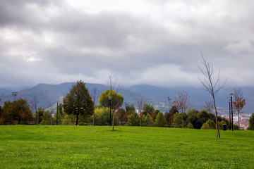 green field and fog in mountains. Bilbao, Spain