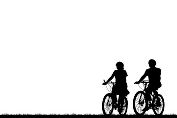 silhouette vintage bike and love couple on white background