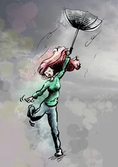 Fotobehang meisje waait weg met paraplu © emieldelange