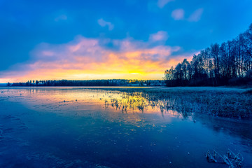 Frozen lake at sunset. Photo from Kajaani, Finland.