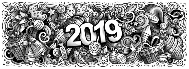 2019 hand drawn doodles illustration. New Year objects and elements design