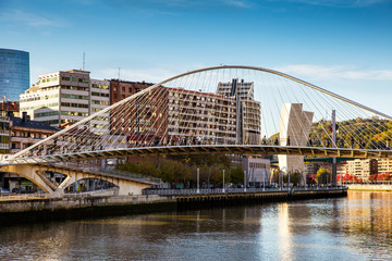 view of Zubizuri bridge in Bilbao city.Spain