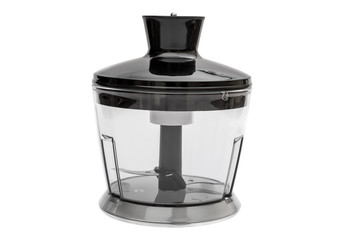 Chopper cup for hand blender on white background.