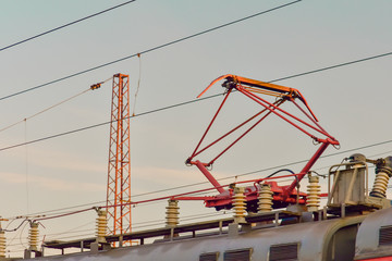 Electric train trolley pole railway electrification system.
