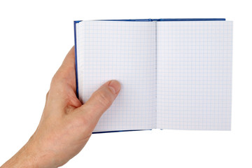 An old man holds in his hand an open notebook with empty checked pages. Isolated