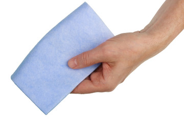Elderly man holds in his hand a rag cloth to remove dust. Isolated