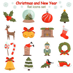 Christmas and New Year color vector icons set. Flat design