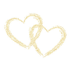 Gold sparkles glitter dust metallic confetti heart vector background.