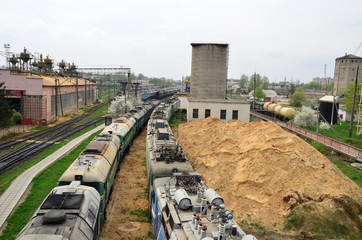 Fototapeta na wymiar Passenger electric locomotive.Transportation. Top view. Industrial concept. Lviv, Ukraine