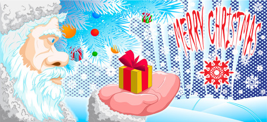 Greeting card with santa claus and christmas landscape