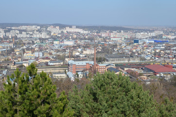 Cityscape of Lviv, Ukraine. Top view from Lysa (Lion) hill. Spring panorama