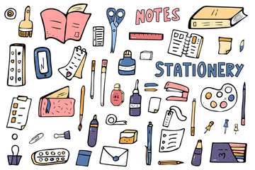 Set of vector doodle stationery. Office supplies.