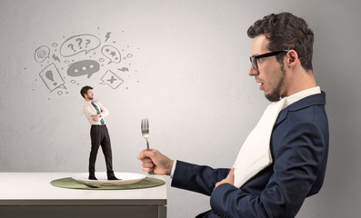Big businessman want to eat small man with cloud messages above his head
