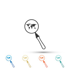 Magnifying glass with world map icon isolated on white background. Analyzing the world. Global search sign. Set elements in colored icons. Flat design. Vector Illustration