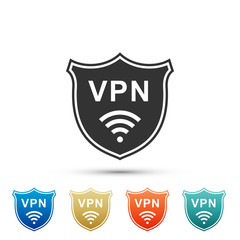 Shield with VPN and WiFi wireless internet network symbol icon isolated on white background. VPN protect safety concept. Virtual private network for security. Flat design. Vector Illustration