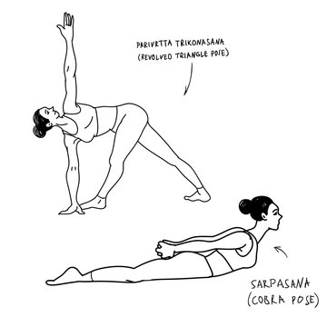 Woman characters performing parivrita trikonasana, sapasana.