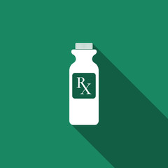 Pill bottle with Rx sign and pills icon isolated with long shadow. Pharmacy design. Rx as a prescription symbol on drug medicine bottle. Flat design. Vector Illustration