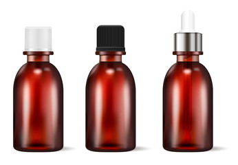 Brown glass cosmetic or medicine bottles set. Mock up with different caps, white, black, dropper. Vector illustration.