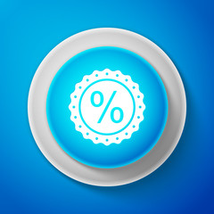 White Percent symbol discount icon isolated on blue background. Sale percentage - price label, tag. Circle blue button with white line. Vector Illustration