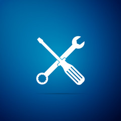 7422195 Spanner and screwdriver tools icon isolated on blue background. Service tool symbol. Flat design. Vector Illustration