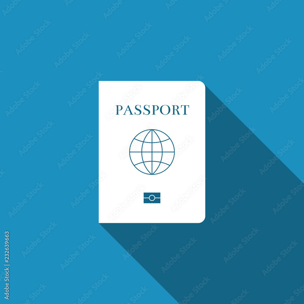 Poster passport with biometric data icon isolated with long shadow. identification document. flat design. v