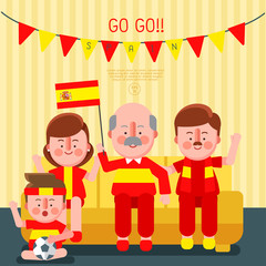 Happy family cheering sport with national flag : Spain : Vector Illustration